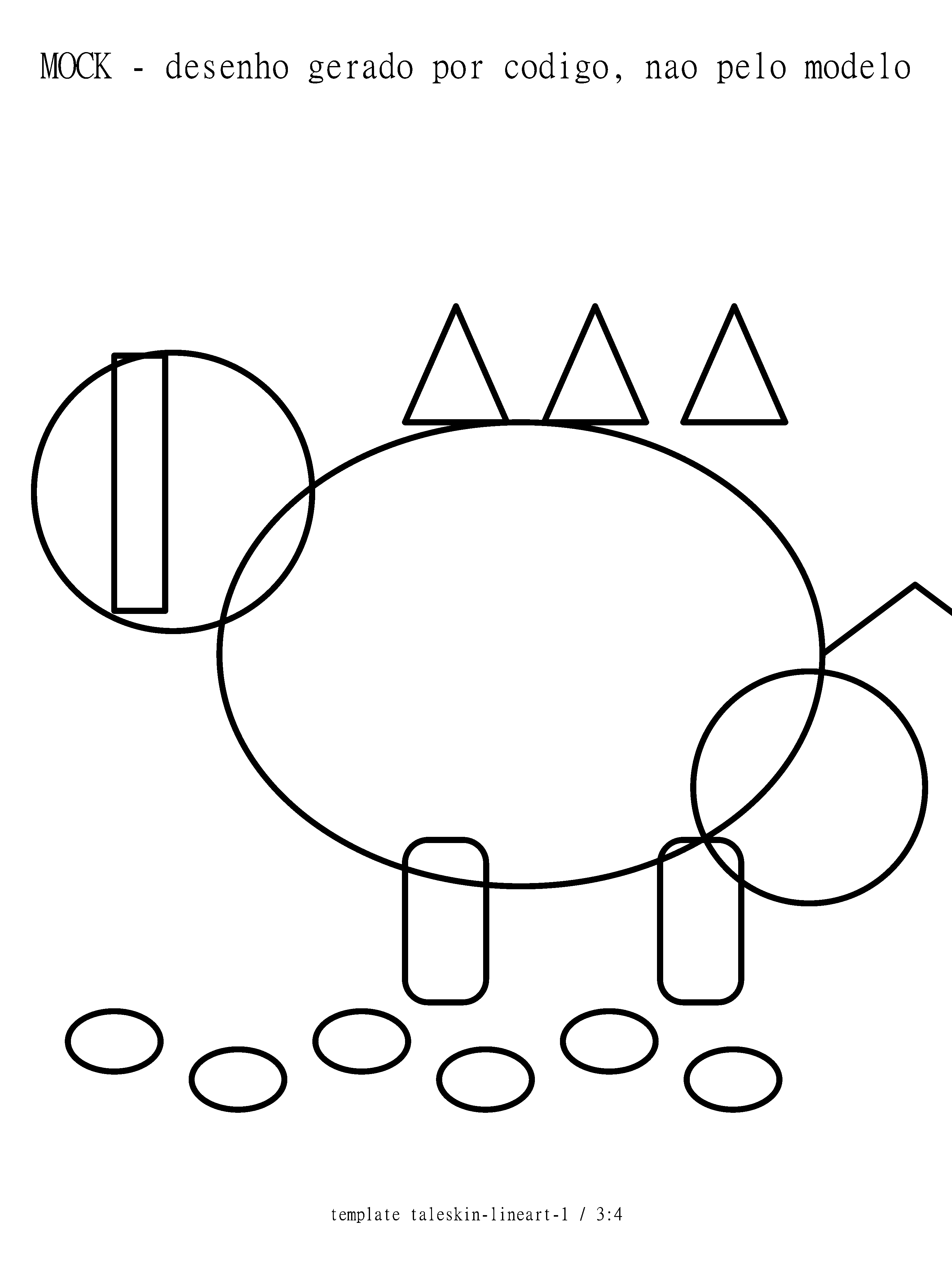 Desenho para colorir: Dodô sentado na beira da pegada cheia de água, olhando a nuvem refletida. A crista de três espinhos nas costas aparece inteira, a cauda com a ponta enrolada está apoiada no chão e a pata da frente menor toca a borda da poça.